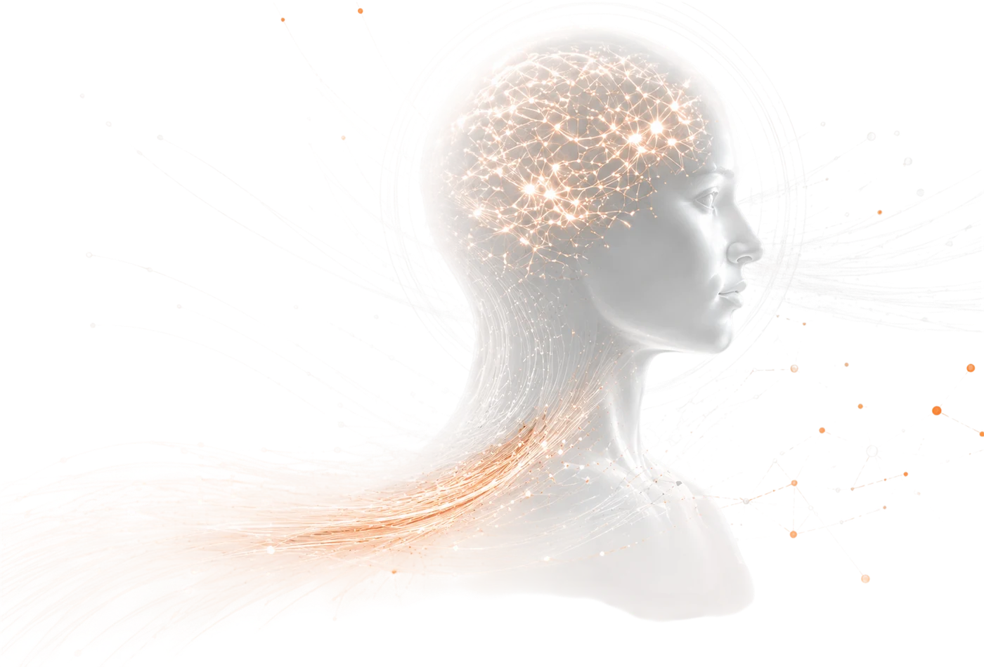 Translucent human head with a glowing neural network