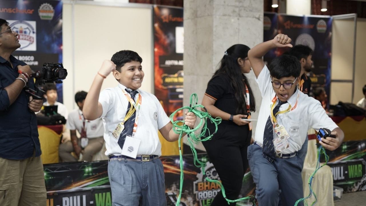 Students celebrating a win at the Bharat Robotics League